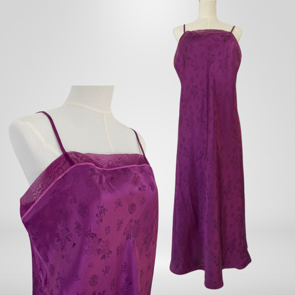 Vintage Womens Satin Maxi Slip Dress Size L Asian Print Fairy Whimsigoth Y2K 90s - Picture 1 of 14